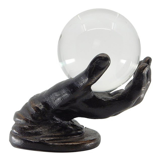 Vintage Bronze Hand Sculpture Holding an Optical Crystal Ball For Sale
