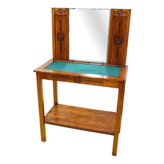 Wooden Vanity Table with Mirror and Green Fabric Top For Sale