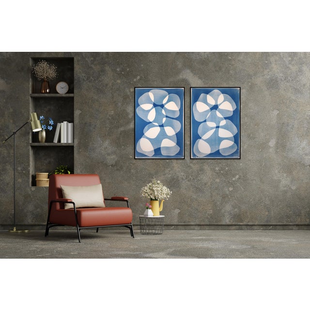 Blue 2026, Mid Century Modern Floating Shapes, Handmade Monotype Cyanotype, Abstract Organic in Blue Tones For Sale - Image 8 of 10