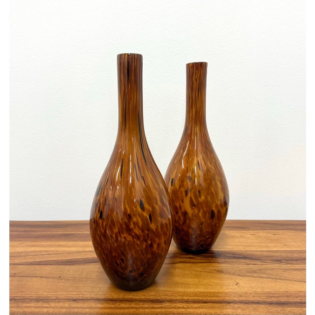 Vintage Murano Style Amber Art Glass Bottleneck Vase - Pair For Sale - Image 4 of 6