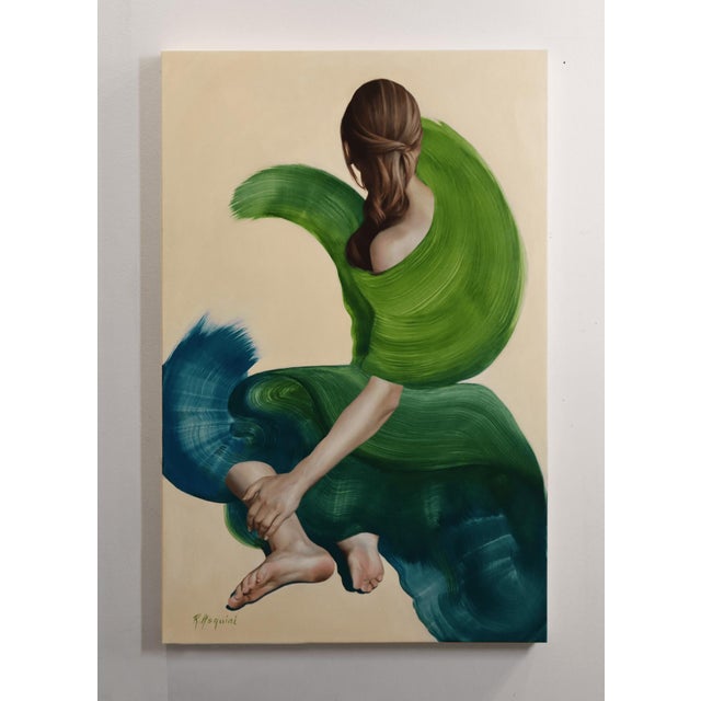 Contemporary By the Shore by Robyn Asquini | Oil on wood panel Woman seated with flowing green and blue fabric. For Sale - Image 3 of 3