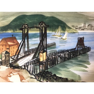 Vintage Watercolor of Tiburon-San Francisco Ferry Dock Mid Century Art For Sale