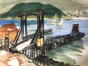 Vintage Watercolor of Tiburon-San Francisco Ferry Dock Mid Century Art