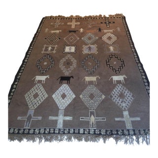 Farm House Style Handmade Moroccan Wool (100%) Rug Animal/Cross Motif Brown/White For Sale