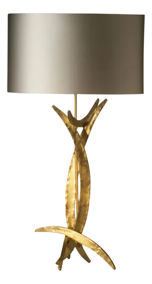 Forged Steel in Bright Gold Finish Table Lamp with Oval Silk Lamp Shades by Porta Romana