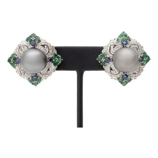 Art Deco Style 18k White Gold, Pearl, Multicolor Gemstones, and Diamond Earrings For Sale