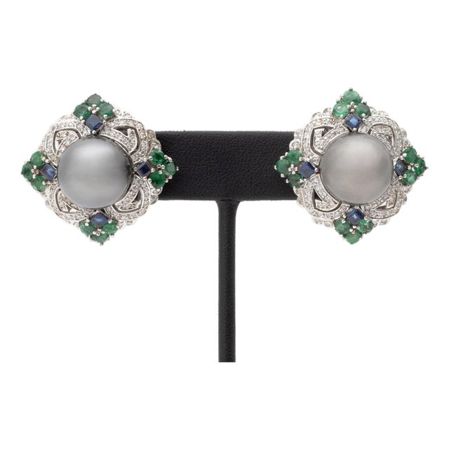 Art Deco Style 18k White Gold, Pearl, Multicolor Gemstones, and Diamond Earrings For Sale