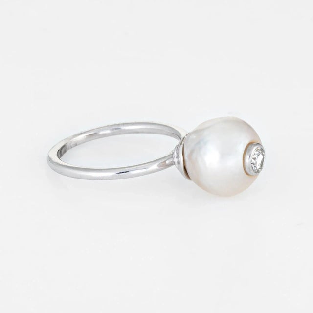 Modern Vintage Diamond Set in Cultured Pearl Ring 14 Karat White Gold Stacking Jewellery size 5 For Sale - Image 3 of 6