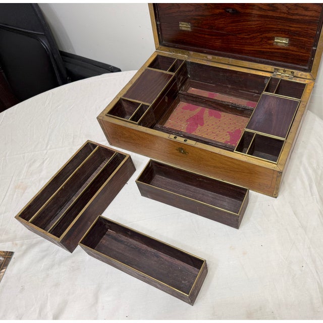 Large High Quality Antique 19th Century Wood Inlaid Brass Writing Lap Desk Box For Sale - Image 16 of 18