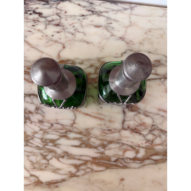 Wood Vintage Green Glass Decanters With Pewter Cage and Stopper - Pair For Sale - Image 7 of 9
