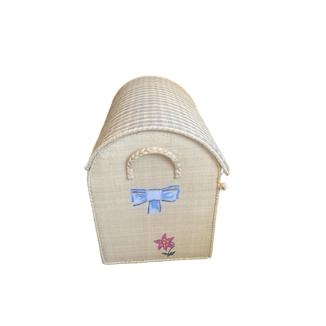 French Country Whimsical Hand-Painted Woven Straw Toy Trunk For Sale - Image 3 of 8