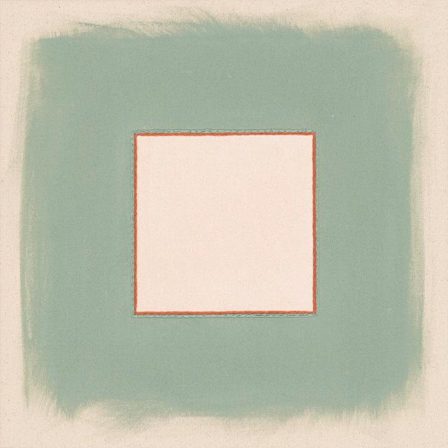 Mid-Century Modern Pair of Sage Green, Pale Pink and Peach Abstract Art Prints | Set of 2, 36 X 36 Prints in Wood Frames For Sale - Image 3 of 7