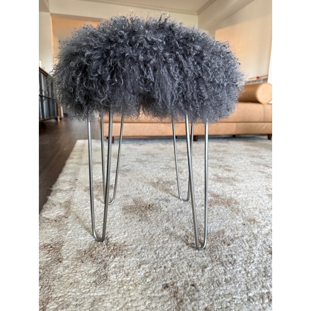 Genuine Grey Mongolian Lambs Wool Stool on Silver Hairpin Legs For Sale In Austin - Image 6 of 6