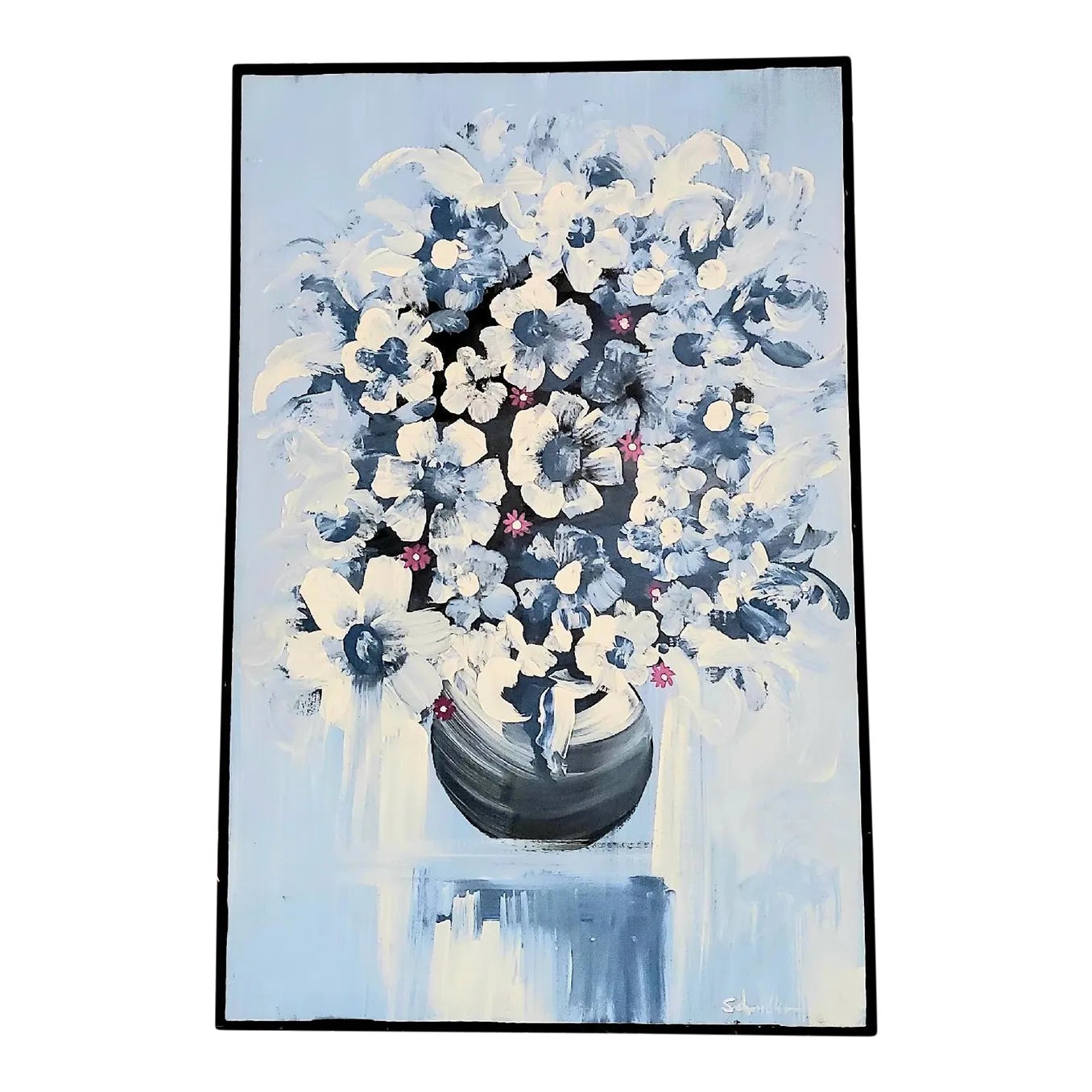 1960s Mid-Century Original Oil Painting Monochromatic Blue Flowers