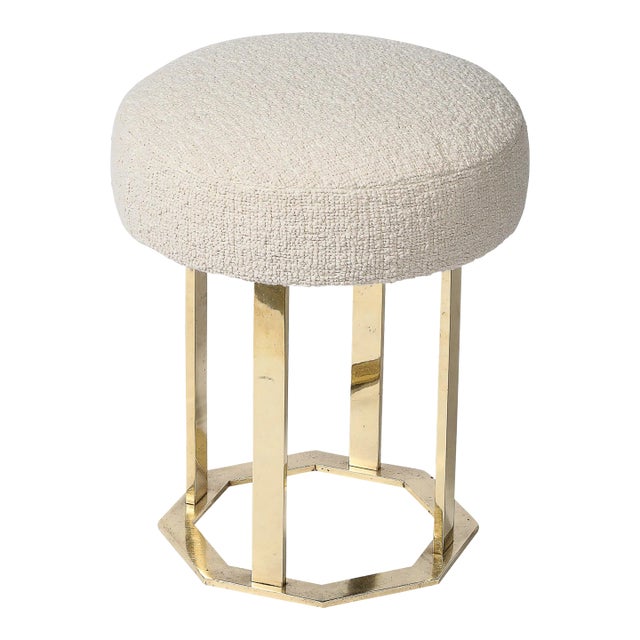 Mid-Century Modernist Octagonal Polished Brass Base Stool in Holly Hunt Boucle For Sale