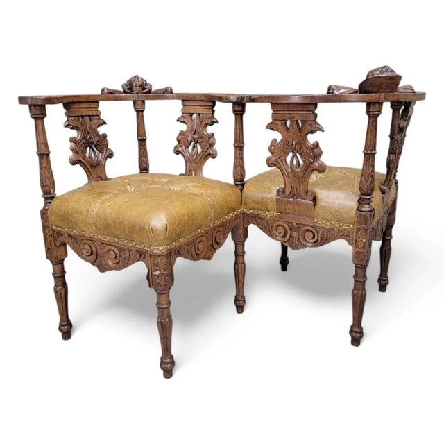 Antique Italian Renaissance Revival Carved Tufted Tete-a-Tete Settee Newly Reupholstered in Leather For Sale - Image 4 of 10