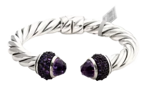 David Yurman Amethyst Sterling Silver Cable Cuff Bangle Bracelet