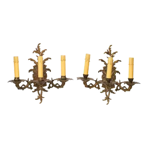 Pair of Antique Brass Three Arm Chandelier Style Wall Sconces Made in Spain
