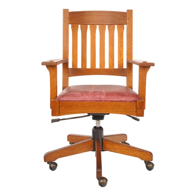 Vintage Stickley Arts & Crafts Oak & Leather Swivel Office Chair For Sale