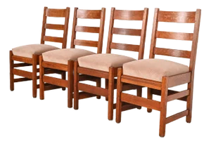 L. & J. G. Stickley Antique Mission Oak Arts & Crafts Ladder Back Dining Chairs, Set of Four