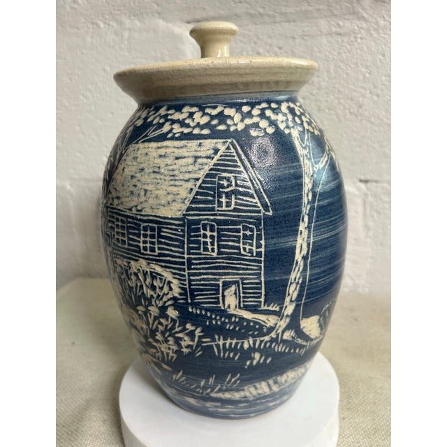 American 1988 Turn & Burn Seagrove Nc Hand-Carved Blue Stoneware Covered Jar For Sale - Image 3 of 11