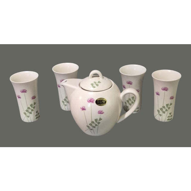 Japanese Late 20th Century Japanese Utsuwa Tea Pot & Four Cups Pink Wild Flower Pattern - 5 pcs For Sale - Image 3 of 6
