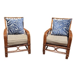 Restored Vintage “1949’er” Pair of Rattan Chairs. Stunning Restoration With Marine Quality Varnish Finish. Rattan President Stick Reed Construction. For Sale