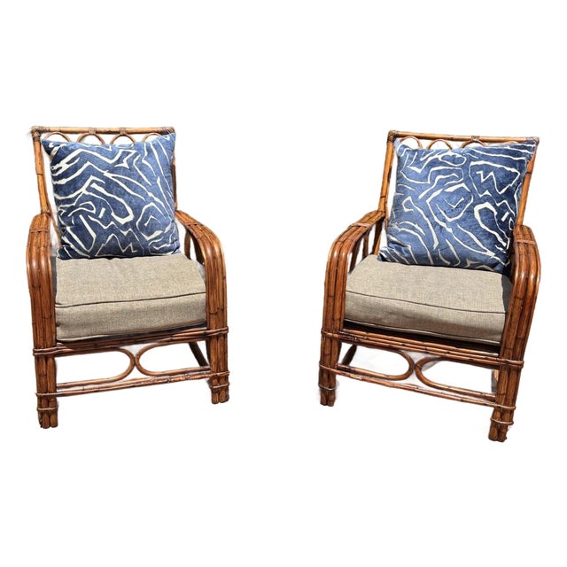 Restored Vintage “1949’er” Pair of Rattan Chairs. Stunning Restoration With Marine Quality Varnish Finish. Rattan President Stick Reed Construction. For Sale