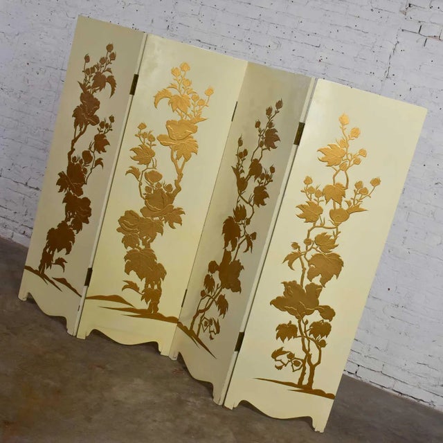 White Painted Off White Hollywood Regency BoHo Chic Four Panel Folding Screen With Floral Embossed Design For Sale - Image 8 of 13