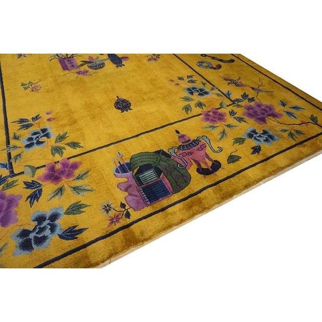 1920s Bold Yellow Floral Modernist Antique Chinese Art Deco Knotted Rug Carpet For Sale - Image 4 of 9
