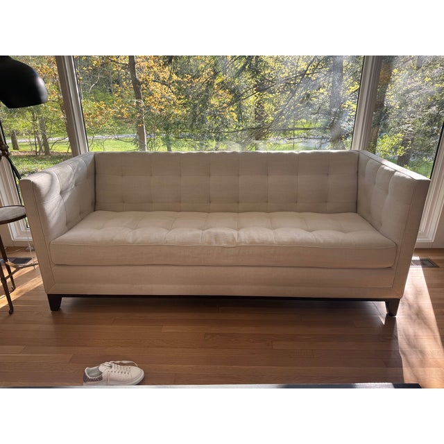 Transitional-style 84" sofa - attributed to Pearson - covered in a greige-colored linen attributed to Schumacher. Arms are...