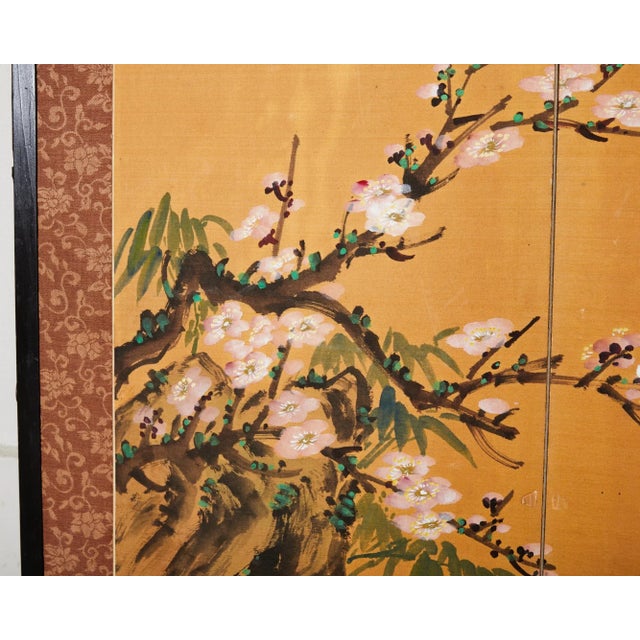 Peach Asian Two Panel Table Screen Flowering Prunu With Songbird For Sale - Image 8 of 12