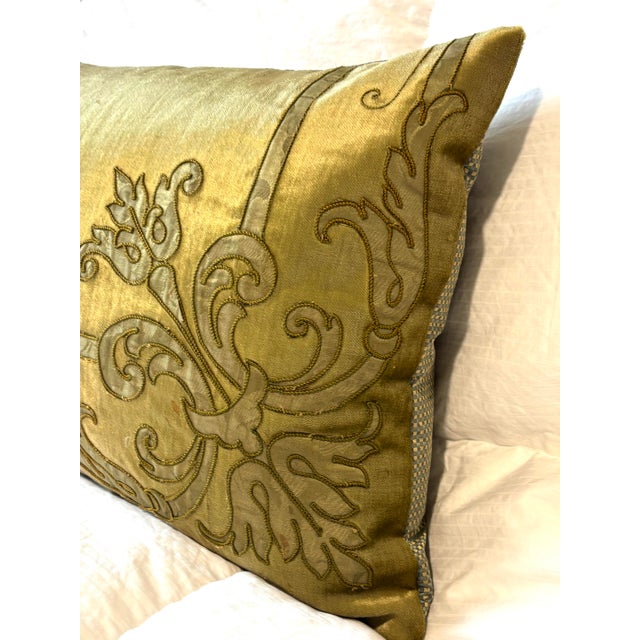Antique Acid-Green Crushed Silk Velvet Applique Bolster Pillow. Silk backing, hand stitched closure, no zipper....