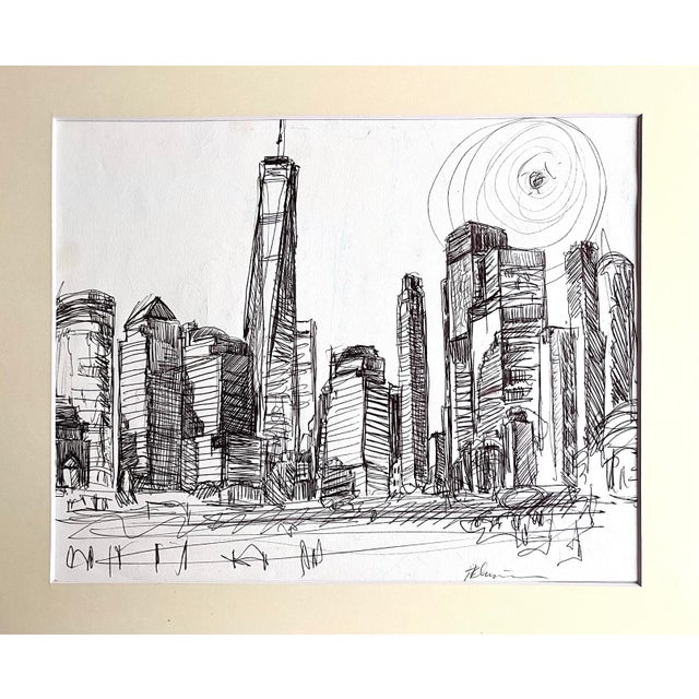 Original Abstract Expressionist drawing in ink of the Manhattan skyline by Tom Christopher. Signed lower right. Times...