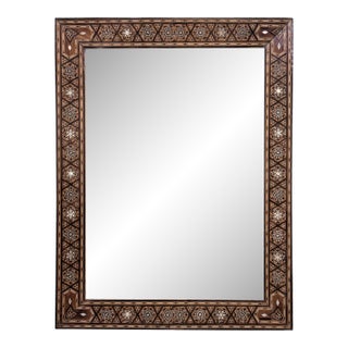 Vintage Marquetry Wood Inlay Mirror With Mother-of-Pearl Accents For Sale