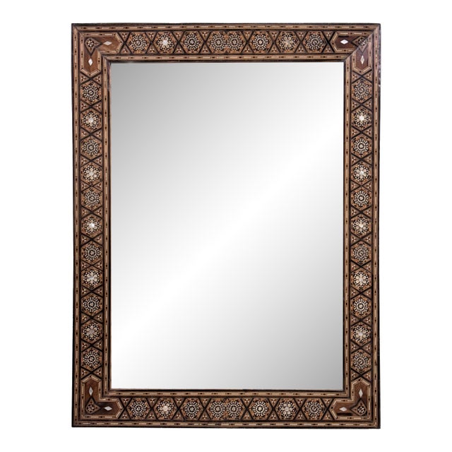 Vintage Marquetry Wood Inlay Mirror With Mother-of-Pearl Accents For Sale