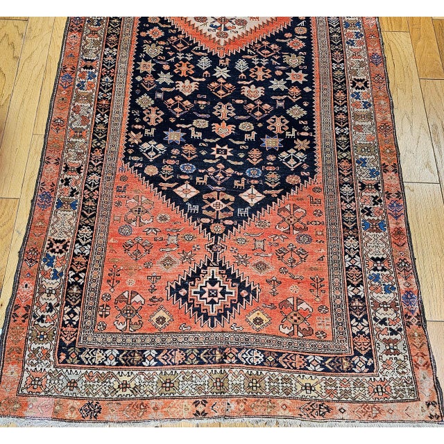 Persian Antique Persian Malayer Tribal Gallery Rug, Hand-Knotted Wool, Geometric Pattern, 5x13, Terracotta & Navy For Sale - Image 3 of 18