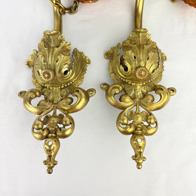 Mid 20th Century Vintage Pair of Czech Amber Glass Beaded Wall Sconces For Sale - Image 5 of 12