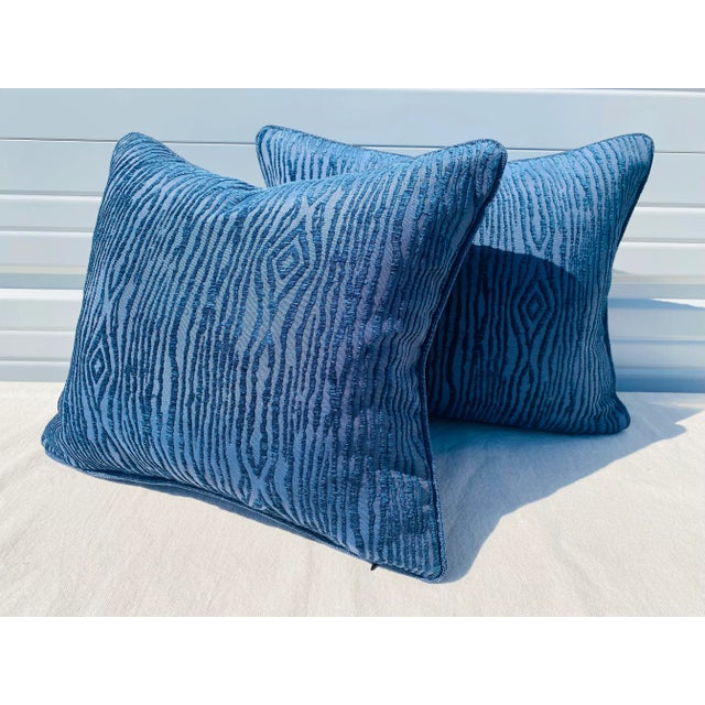 Contemporary Royal Blue Faux Bois Chenille Pillows- a Pair. For Sale - Image 10 of 10