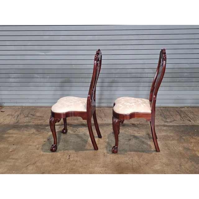 Brown Pair of Kindel Winterthur Collection Mahogany Clawfoot Dinning Arm Chairs Silk For Sale - Image 8 of 11