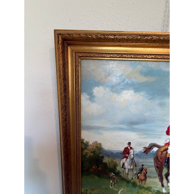 Green English Fox Hunting Scene Oil Painting on Canvas, Horses & Hounds, Signed For Sale - Image 8 of 9