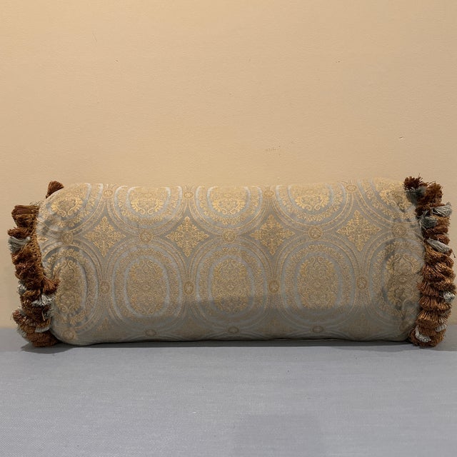 Mint Late 20th Century Mint and Gold Embroidered Bolster Pillow With Tassels For Sale - Image 8 of 9
