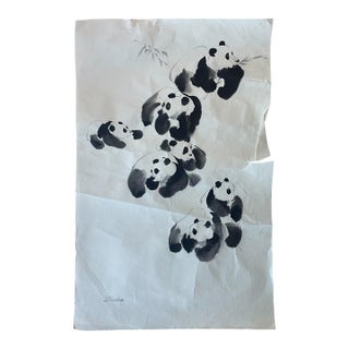 Vintage Chinese Brush Painting of Pandas by j.p. Gaston, Ink on Rice Paper, Signed. For Sale