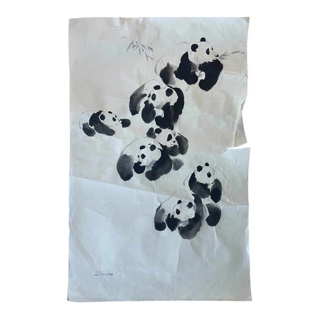 Vintage Chinese Brush Painting of Pandas by j.p. Gaston, Ink on Rice Paper, Signed. For Sale