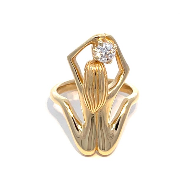 18k Yellow Gold Sculpted Female Figure Diamond Solitaire Ring, Size 6 For Sale - Image 9 of 11