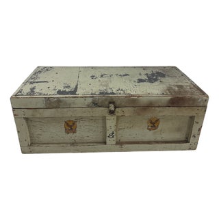 Antique Painted Wood Trunk With American Eagle Decals, Chippy Sage Green For Sale