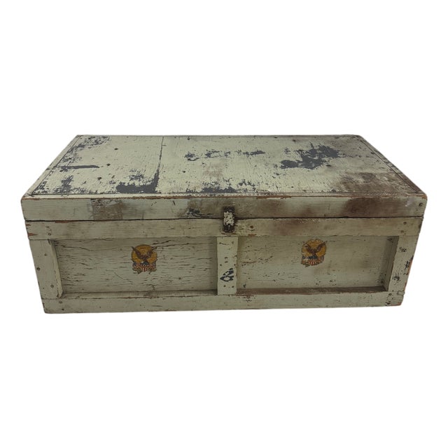 Antique Painted Wood Trunk With American Eagle Decals, Chippy Sage Green For Sale