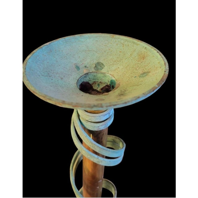 Metal Antique Brutalist Copper Brass Verdigris Cylindrical Candle Stick Holder a Pair For Sale - Image 7 of 8