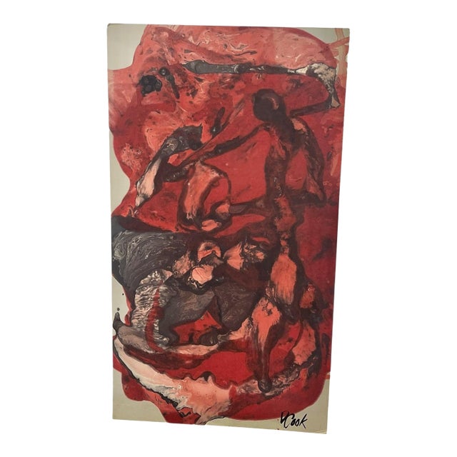 Vintage Signed Abstract Painting in Red and Black, Figurative Composition For Sale