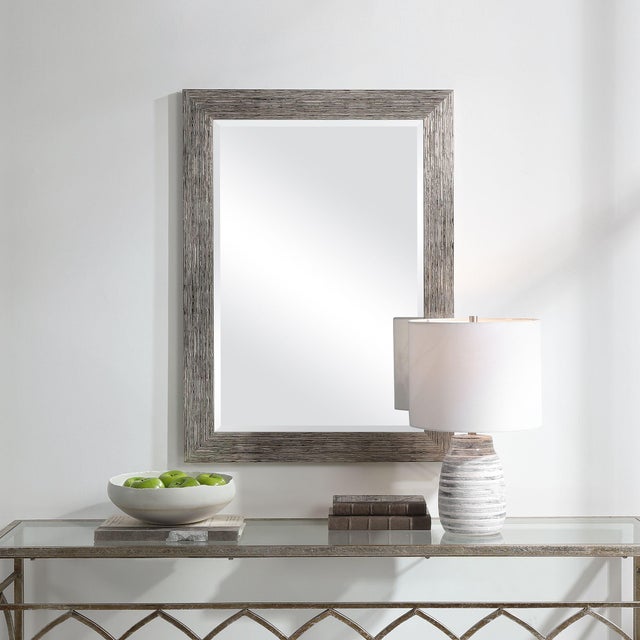 Textured Wide Framed Rectangular Entry Mirror- Silver For Sale In Chicago - Image 6 of 8